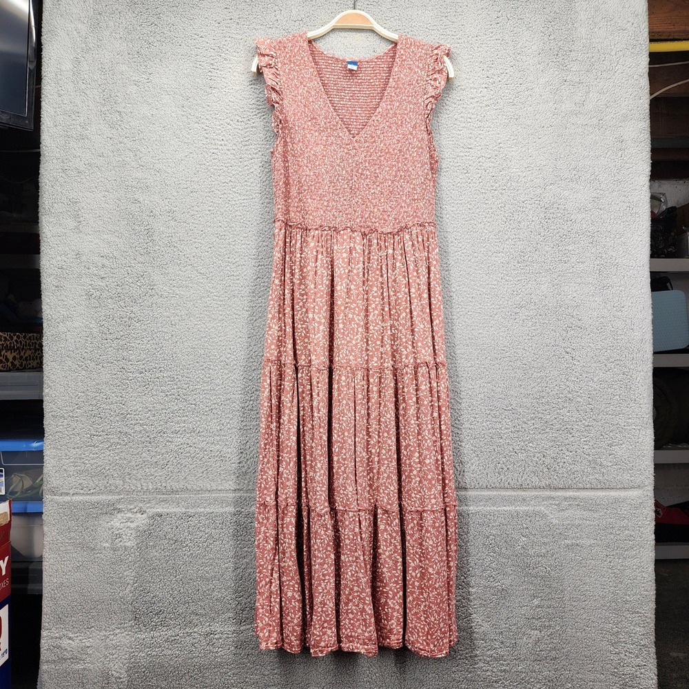 Old Navy Womens L Pink Floral Smocked Tiered Ruffle V-Neck Maxi Dress